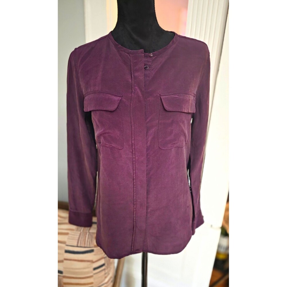 Equipment Femme Women’s Purple Solid 100% Silk Crepe Button Pocket Blouse S